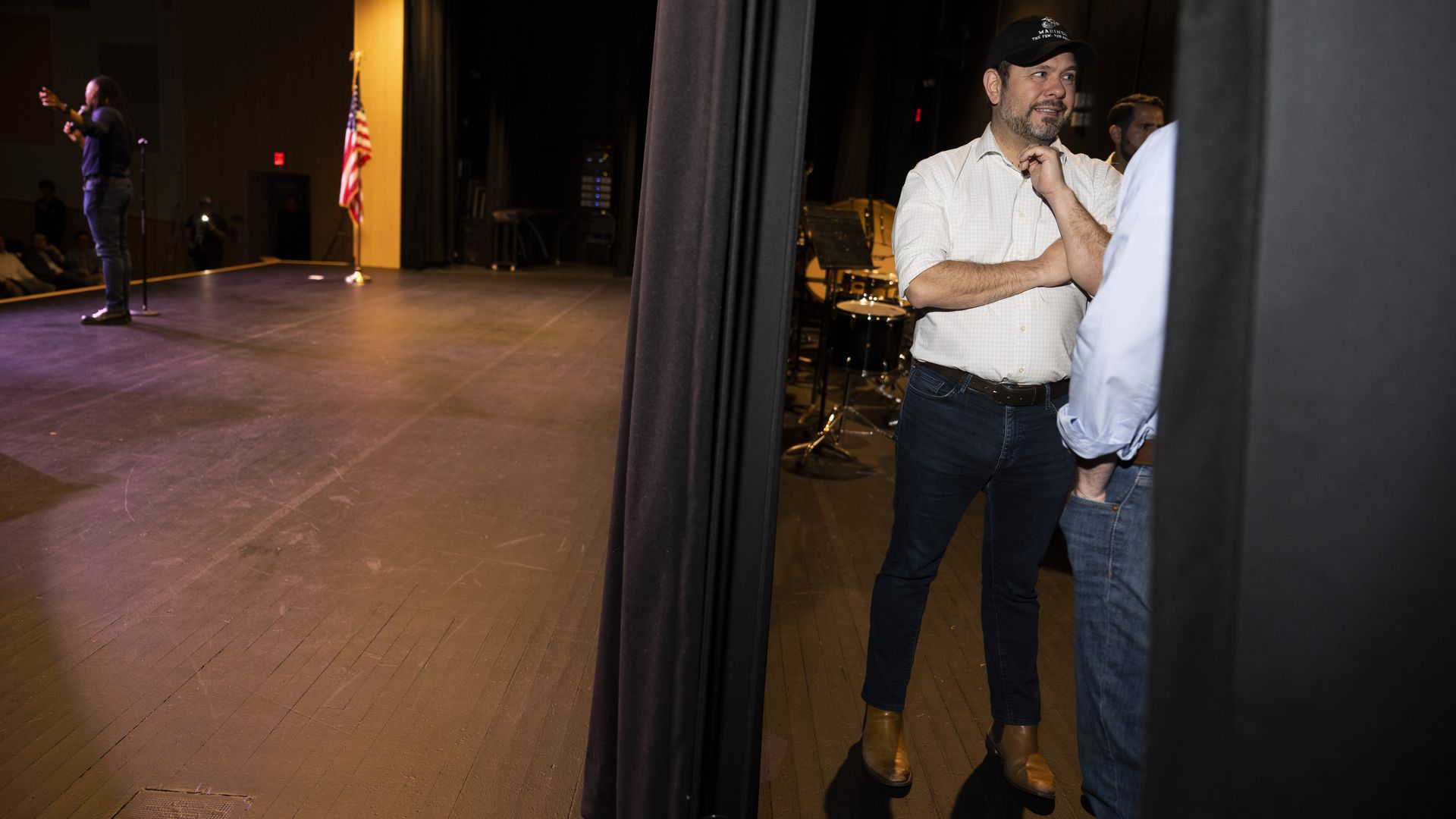 Arizona Sen. Ruben Gallego waits backstage before speaking at a town hall in Bucks County, Pennsylvania on Saturday, May 10, 2025. (Photo by Joe Lamberti for The Washington Post via Getty Images)