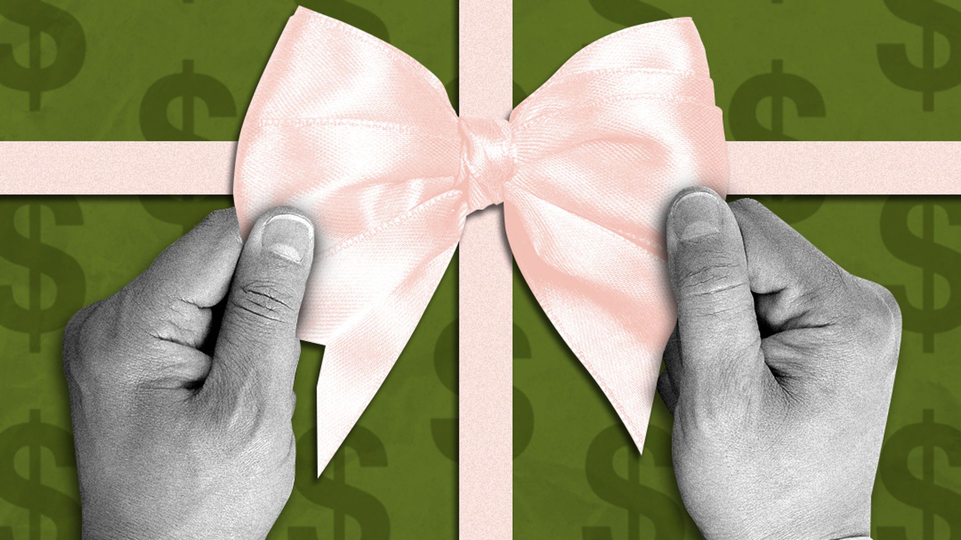 Illustration of wrapping paper with dollar bill signs and a hand tying a bow. 