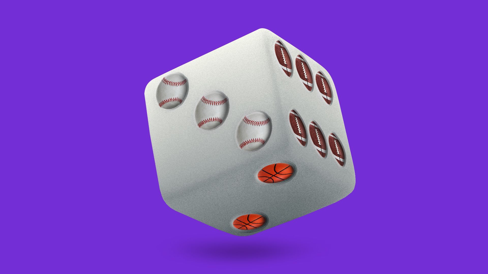 Illustration of a die with different sports balls as the dots.