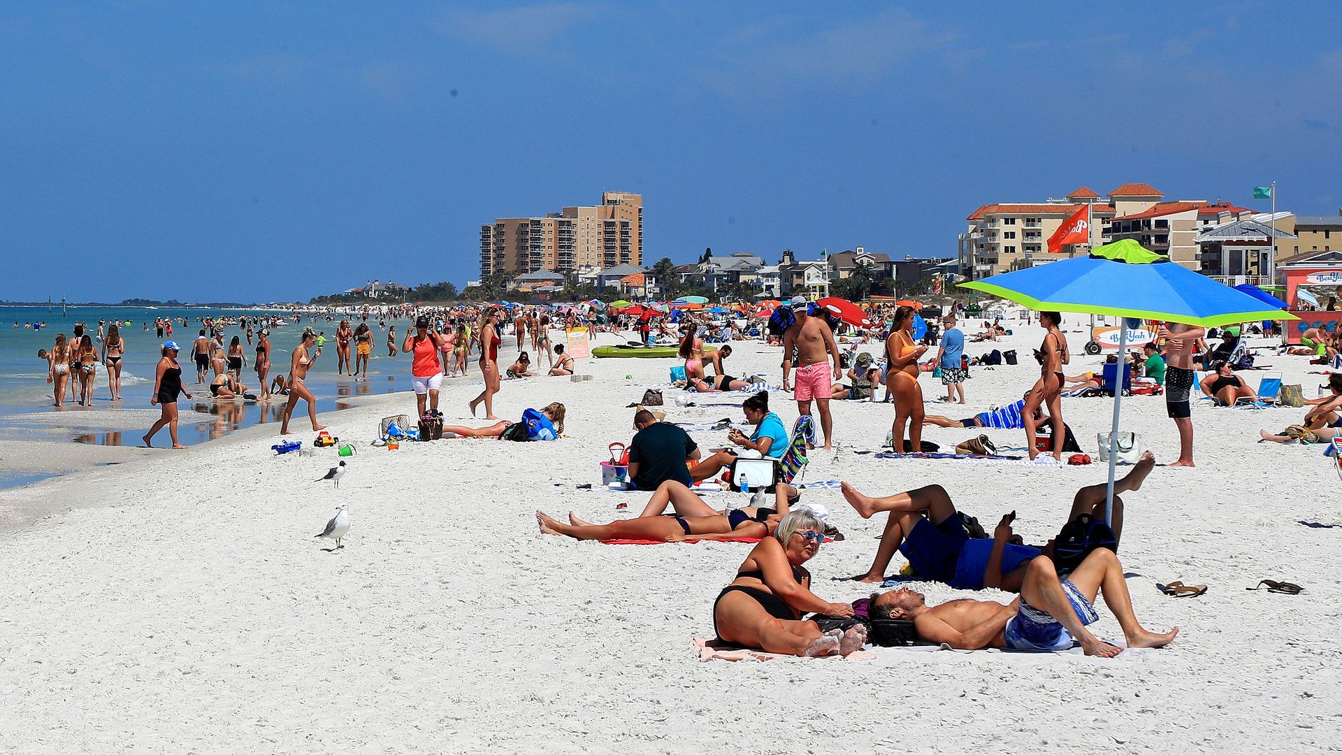 People gather on a beach for spring break in 2020.