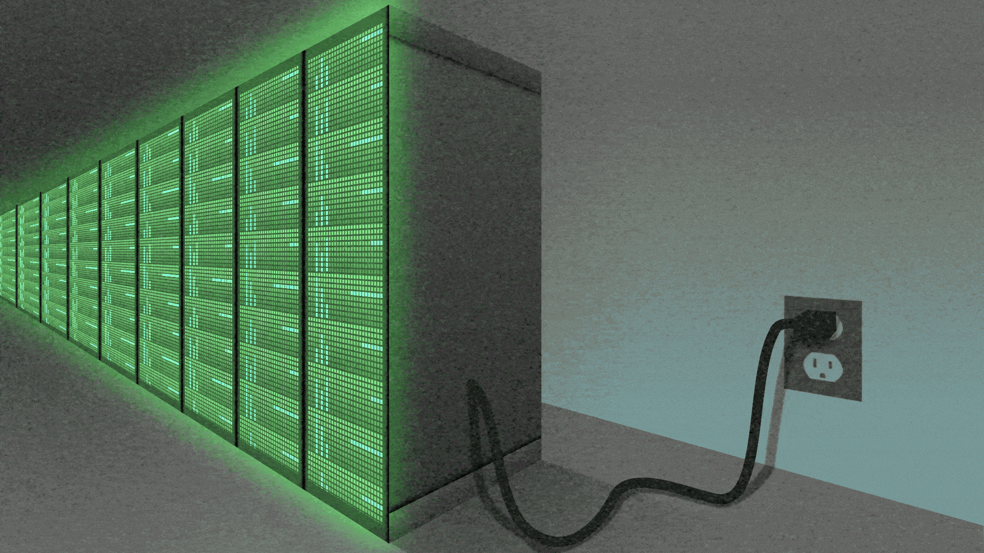 Animated illustration of a glowing data center server cabinet plugged into an electrical outlet on a wall. The cord unplugs and falls, and the servers stop glowing.
