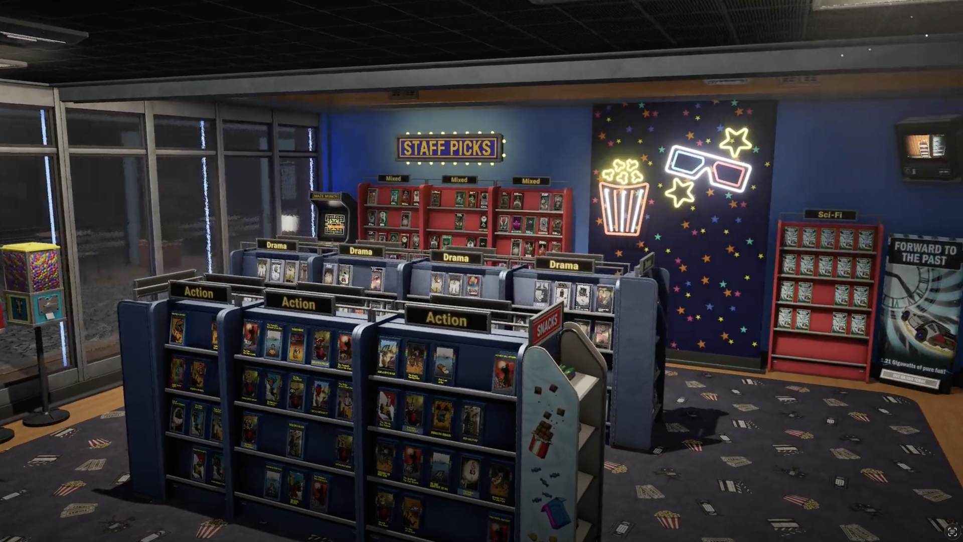 An image from the trailer for Retro Rewind a video store simulation game.