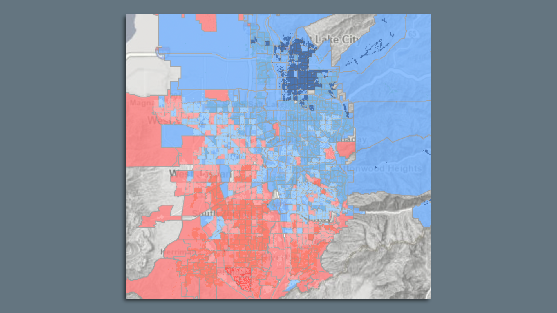 A map shows Trump and Biden win margins by precinct in Salt Lake County in 2020. Biden won the north part of the county, while Trump won the south. 