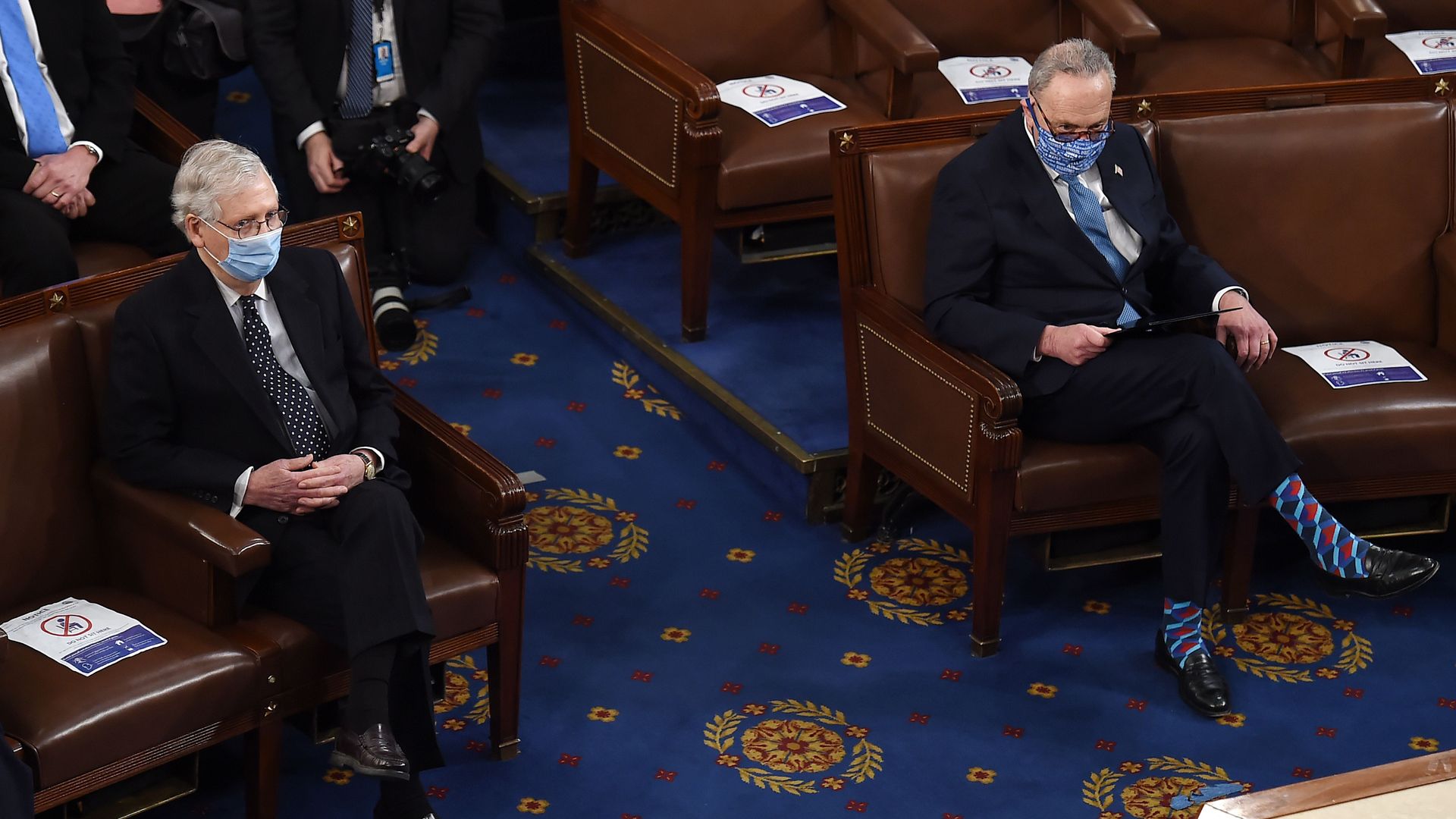 US Senate Minority Leader Charles Schumer (R), Democrat of New York, right, and Majority Leader Mitch McConnell, Republican of Kentucky, attend a joint session of Congress