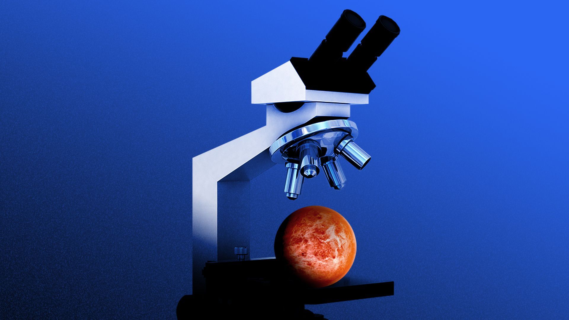 Illustration of the planet Venus being examined under a microscope