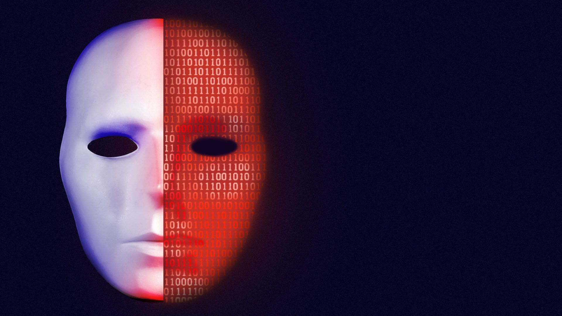 Illustration of a white mask with half of it in red binary code