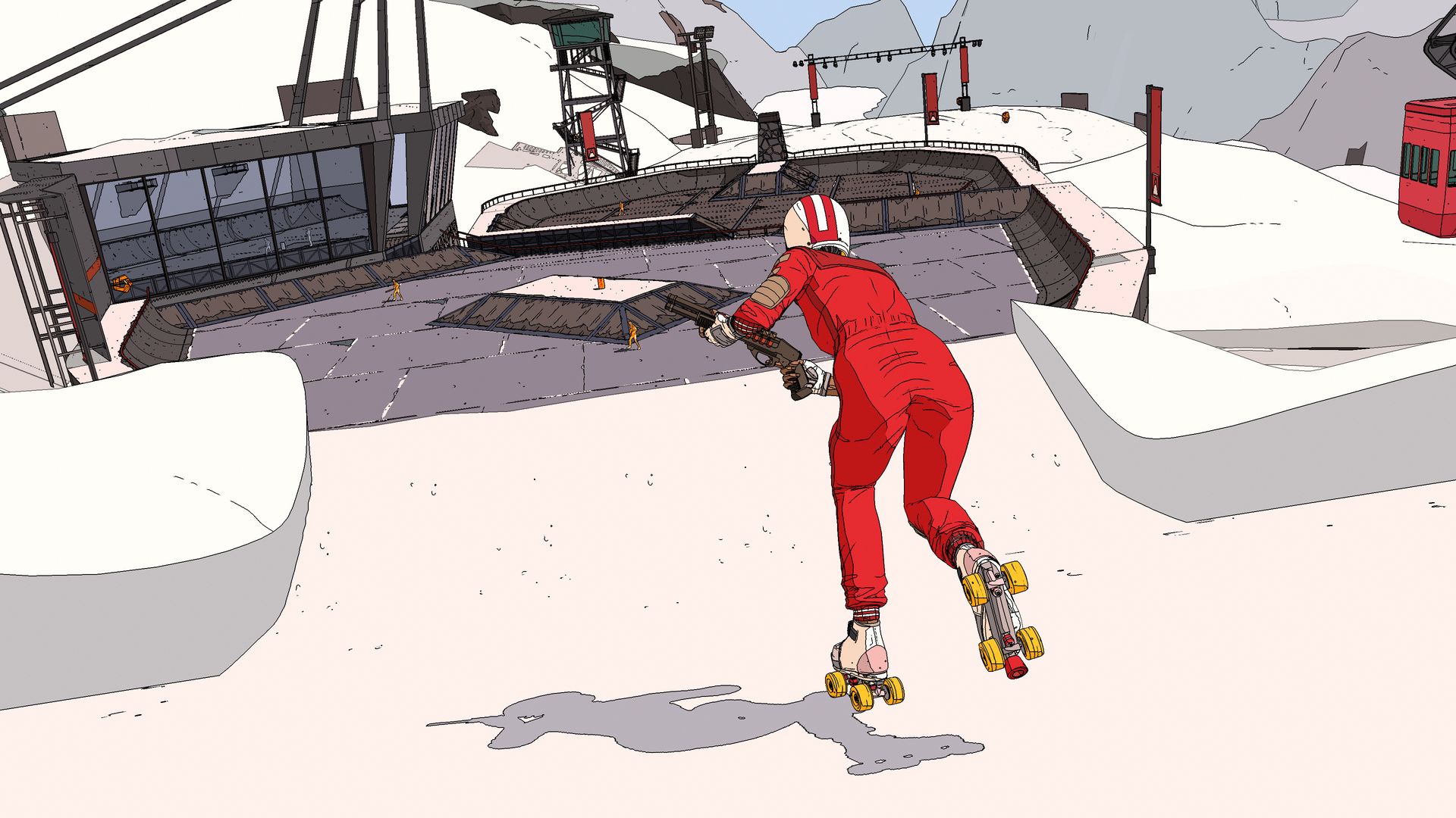 Video game screenshot of a woman in a red jumpsuit on roller skates, also holding a shotgun