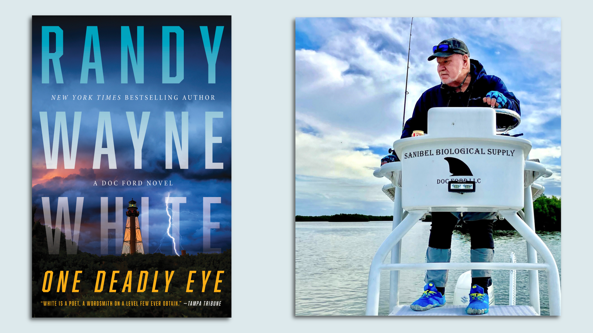 The cover of "One Deadly Eye" next to a photo of Randy Wayne White fishing on a boat