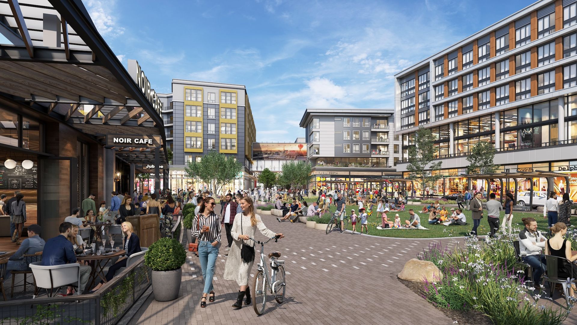 A rendering of a sidewalk and grassy area in a mall, with people walking