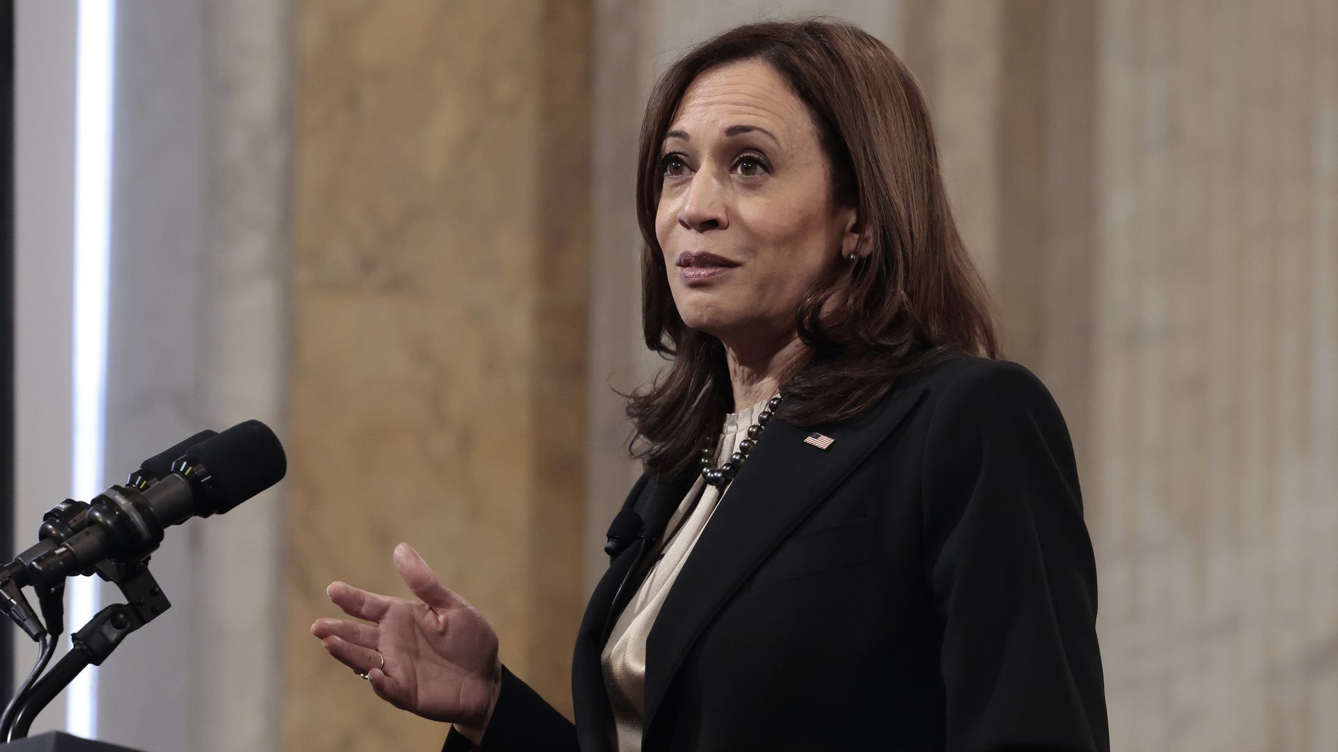 Vice President Kamala Harris delivers remarks at the 2021 Freedman’s Bank Forum event at the U.S. Treasury Department on December 14, 2021 in Washington, DC. 