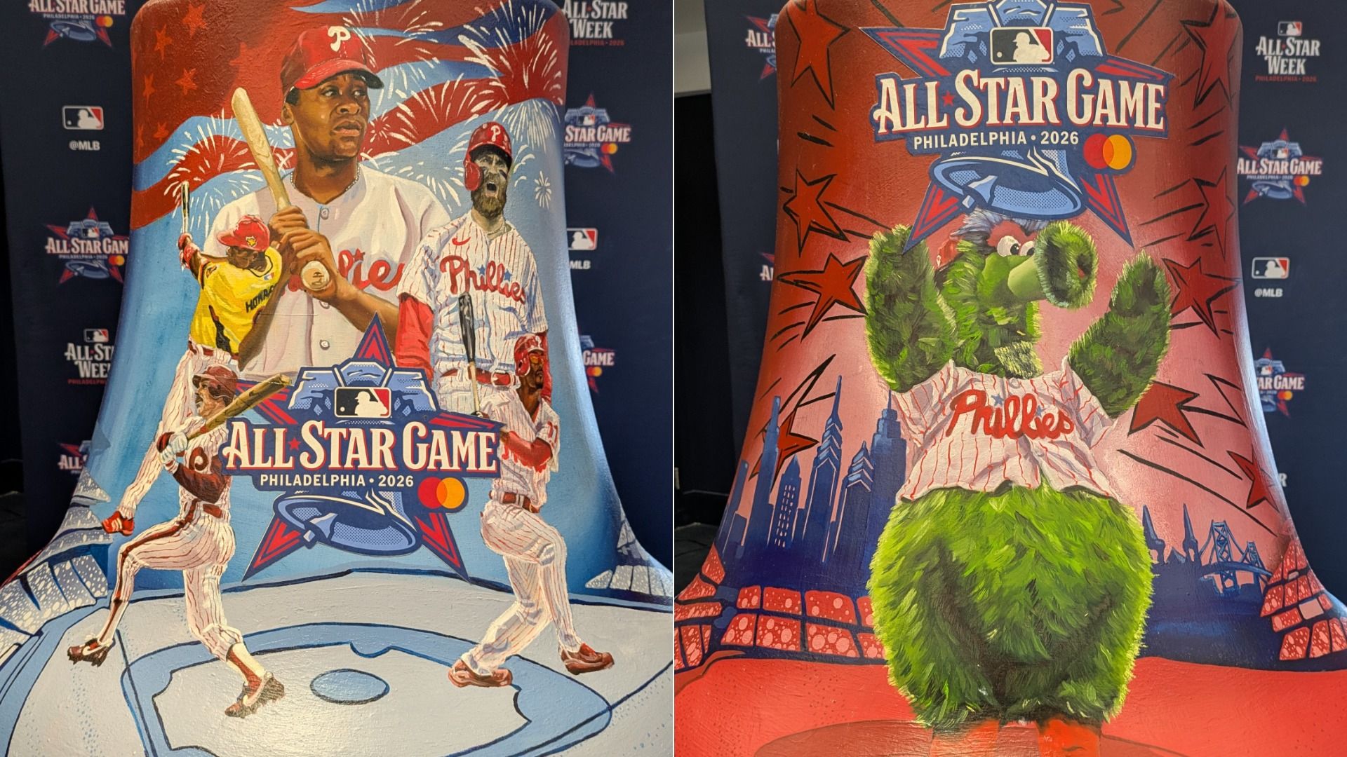 Two chairs featuring All-Star Game Philadelphia 2026 artwork: left shows Phillies players with fireworks and the logo; right shows a large green monster over a city skyline with stars and logo.