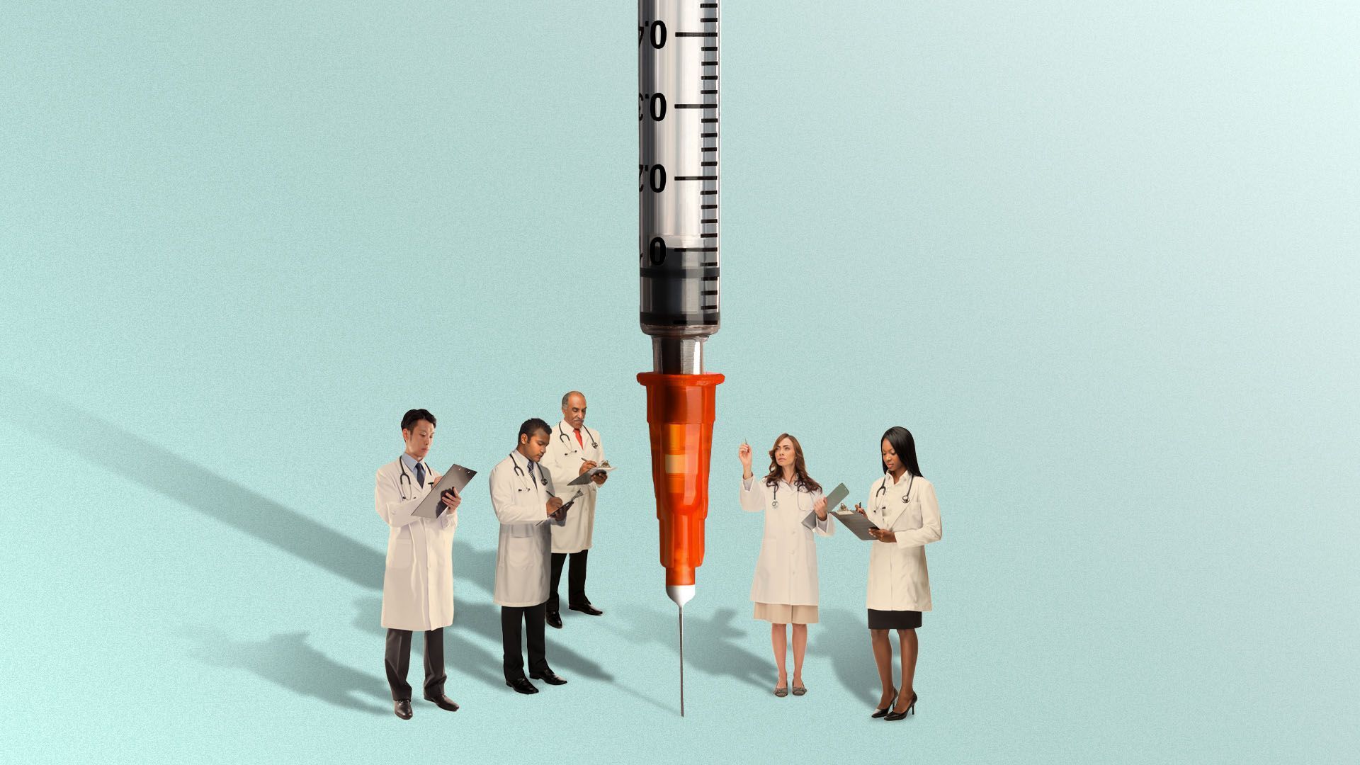 Illustration of a group of doctors examining a giant syringe