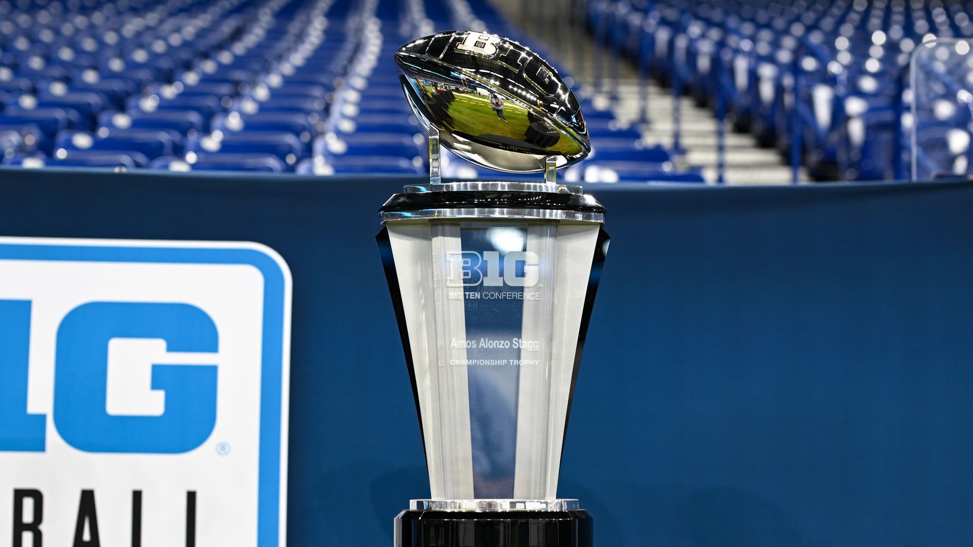 The Amos Alonzo Stagg Big Ten Championship trophy sits on display during the 2024 Big Ten Media Days on July 23, 2024 at Lucas Oil Stadium in Indianapolis, IN. 