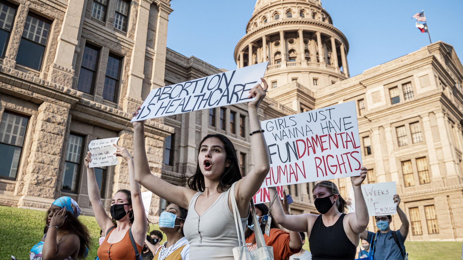  Pro-abortion rights protesters march outside the Texas State Capitol on Wednesday, Sept. 1, 2021 in Austin, Texas.