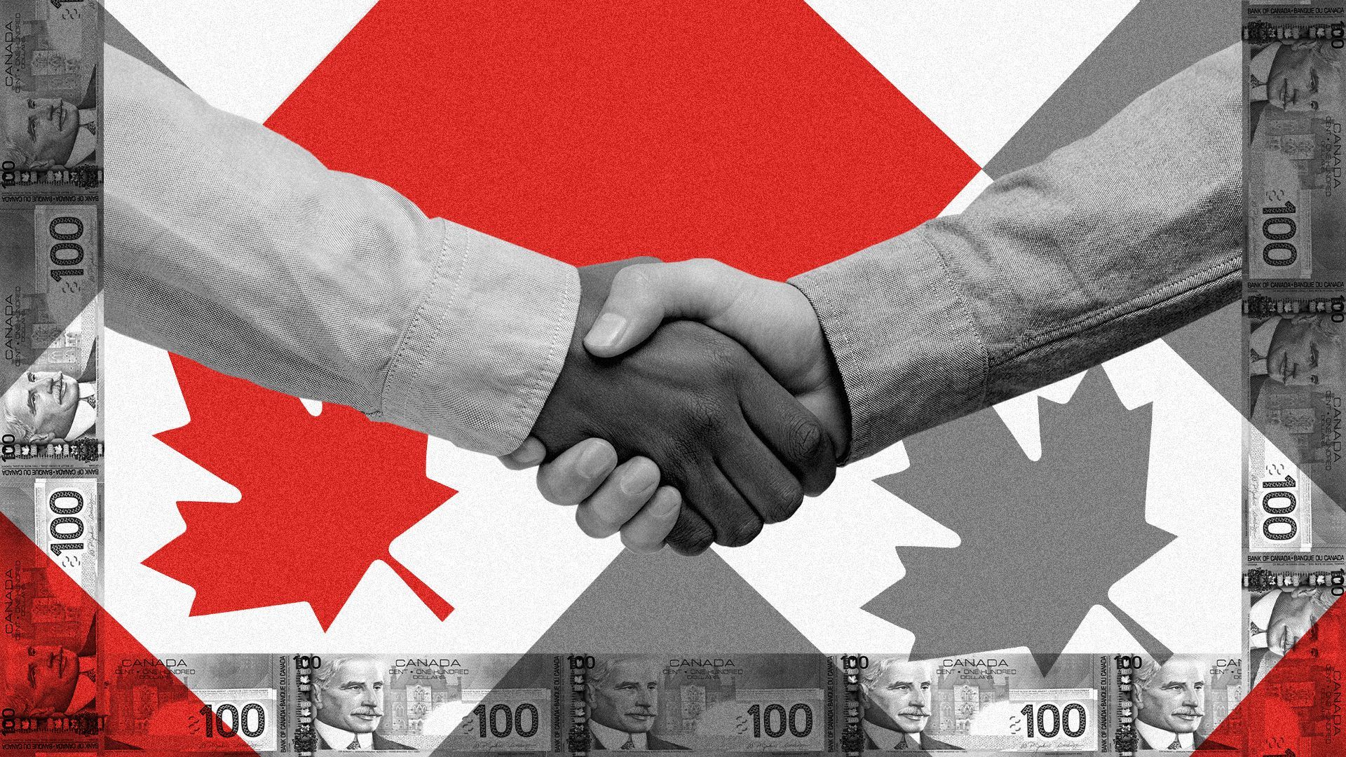 Illustration of a handshake between two people in front of a background designed with a graphic Canadian flag pattern, surrounded by a Canadian dollar border.