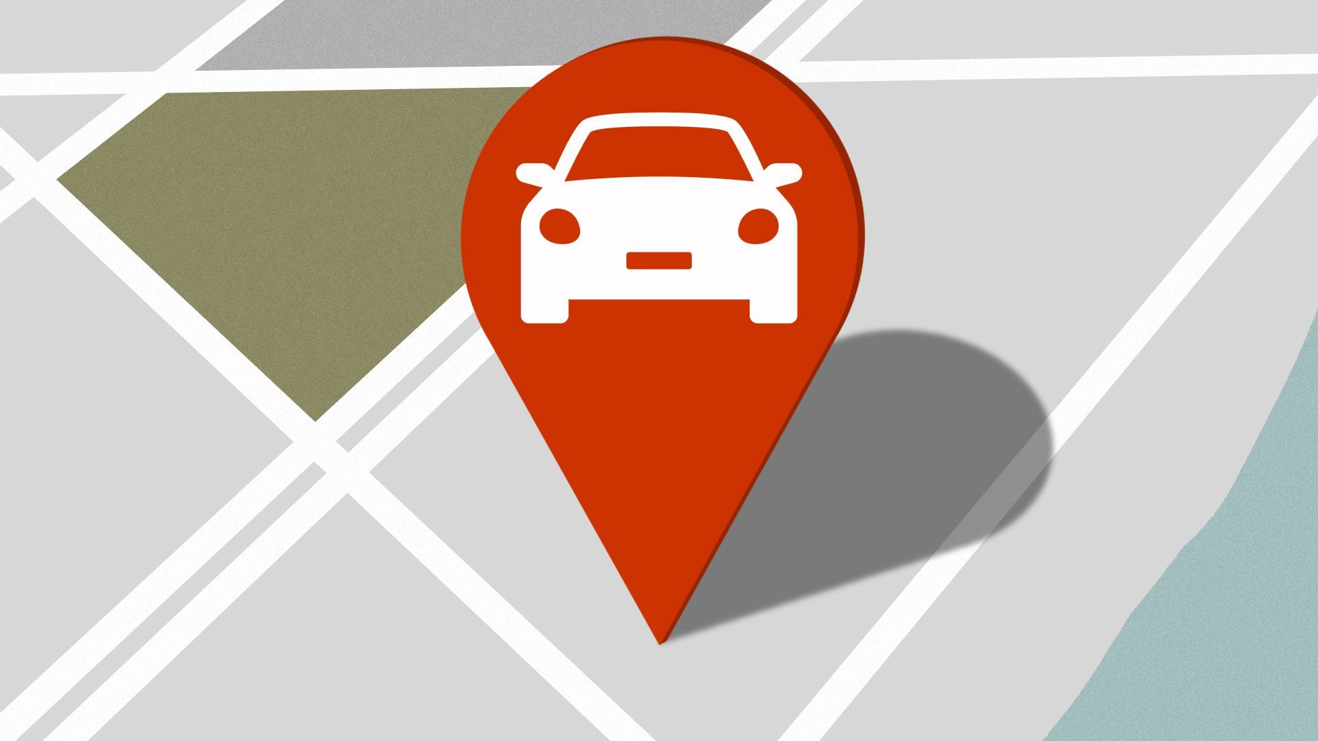 Illustration of a location pin with a car in the center, hovering over a map