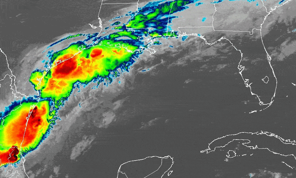 Image shows a satellite view of a storm over Mexico, Texas, Louisiana the Gulf.