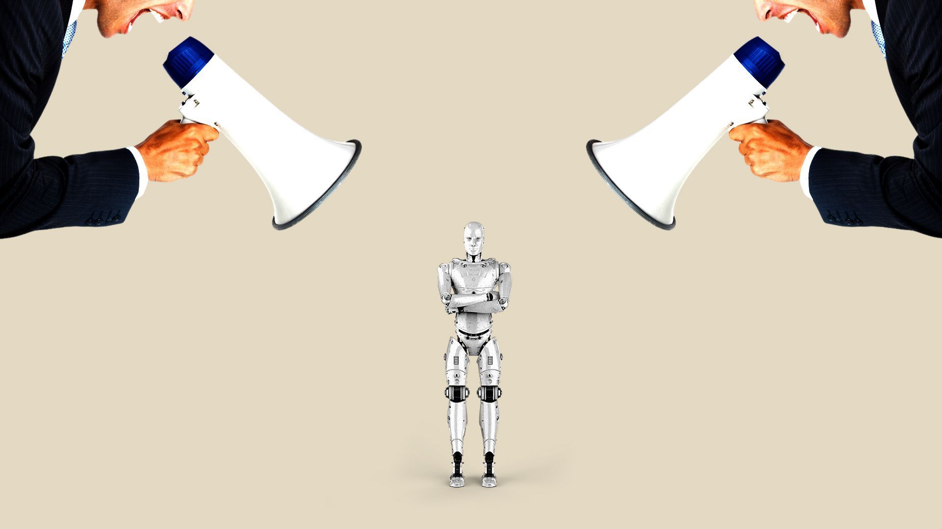 In this illustration, two businessmen with megaphones scream on either side of a miniature robot.