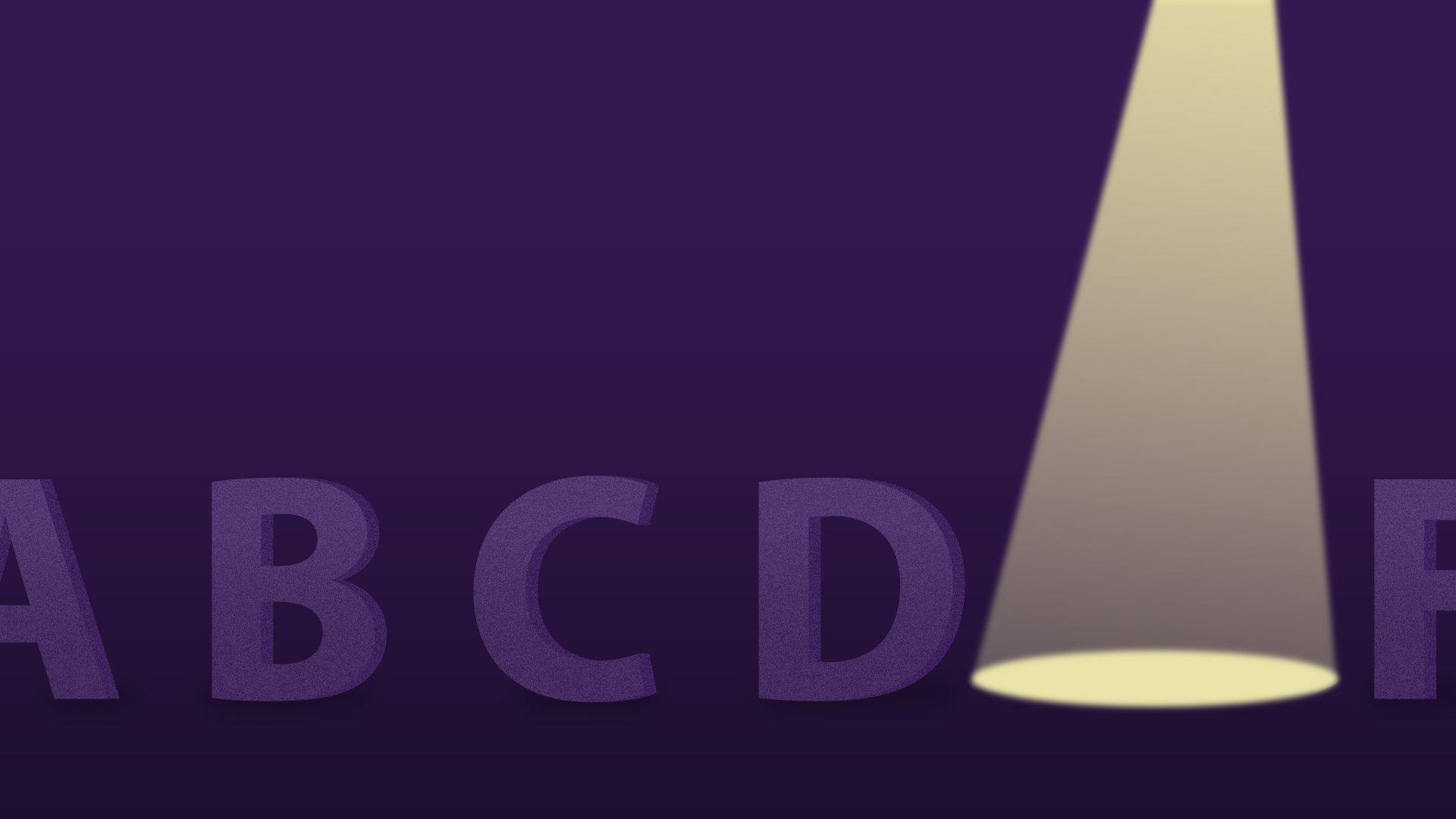 Illustration of the alphabet; a spotlight shines down on the space where “E” should be.
