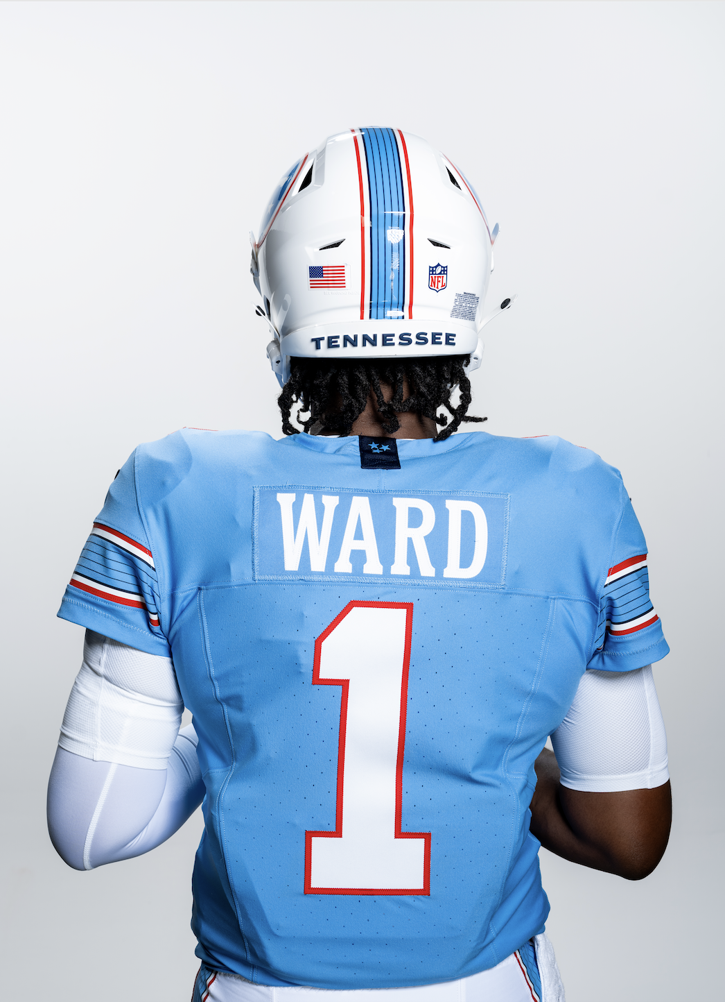 Cam Ward's new Titans jersey in light blue with red trim.