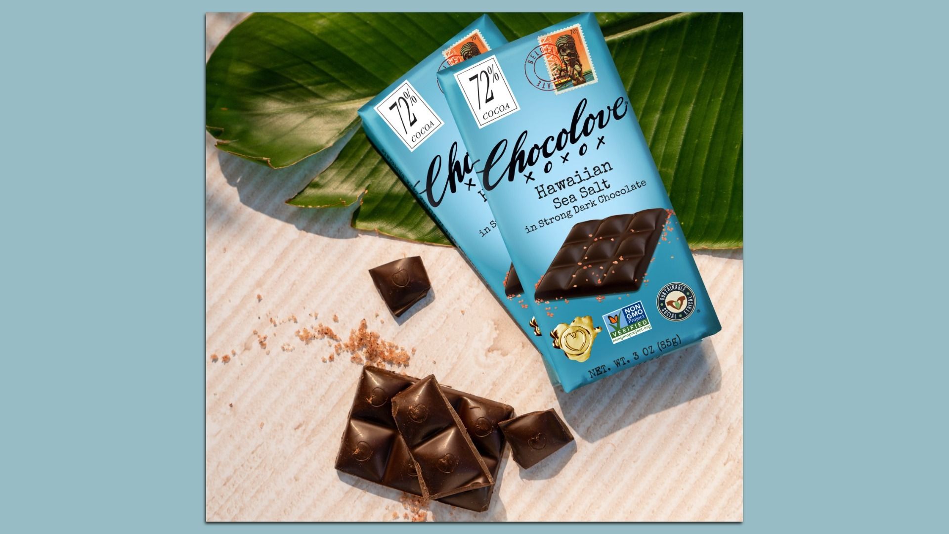 Chocolate is seen next to the wrapper for Hawaiian Sea Salt chocolate bars.