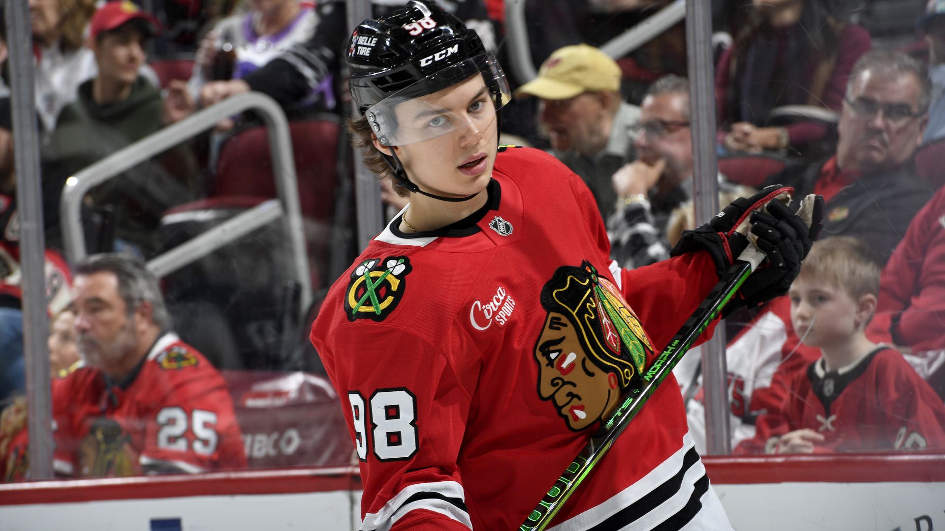 Photo of a hockey player on ice with a stick playing in a stadium in front of a crowd.