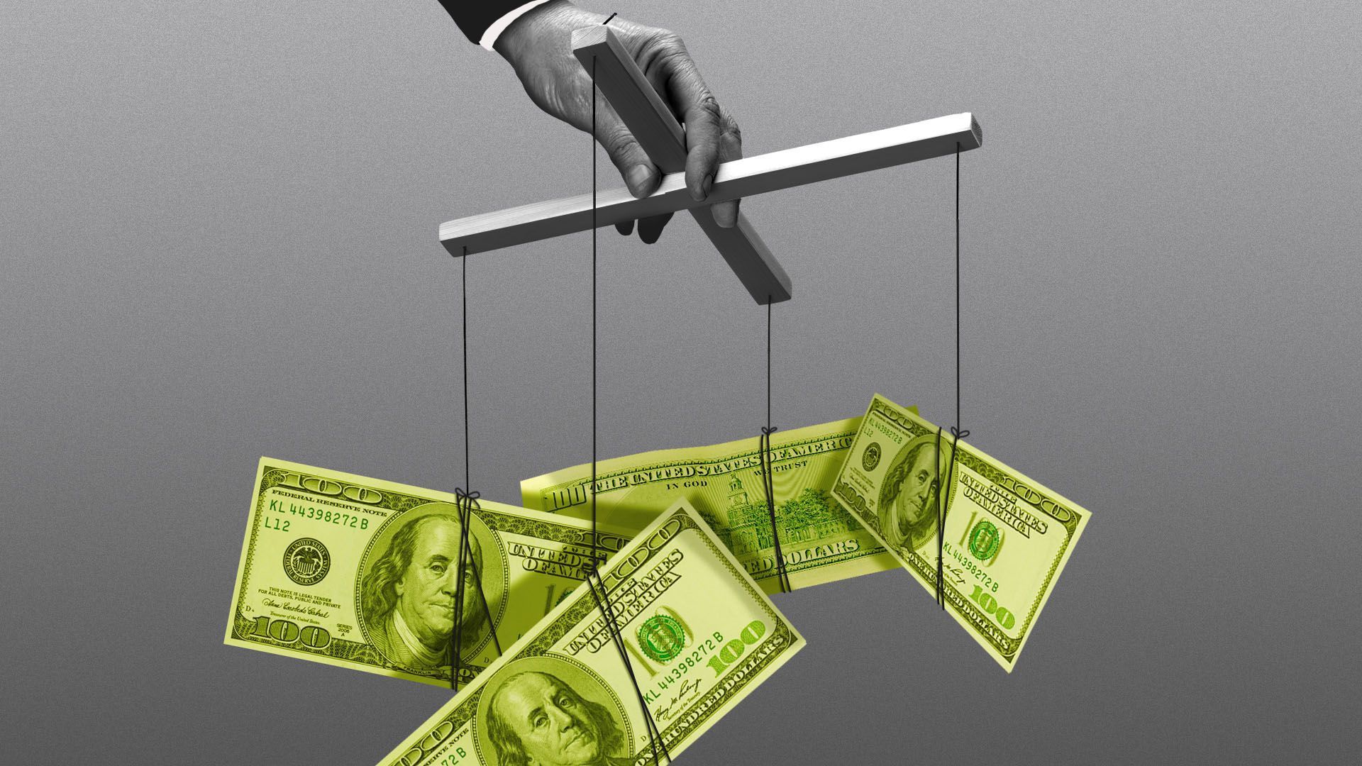 Illustration of dollar bills on a marionettes control device.