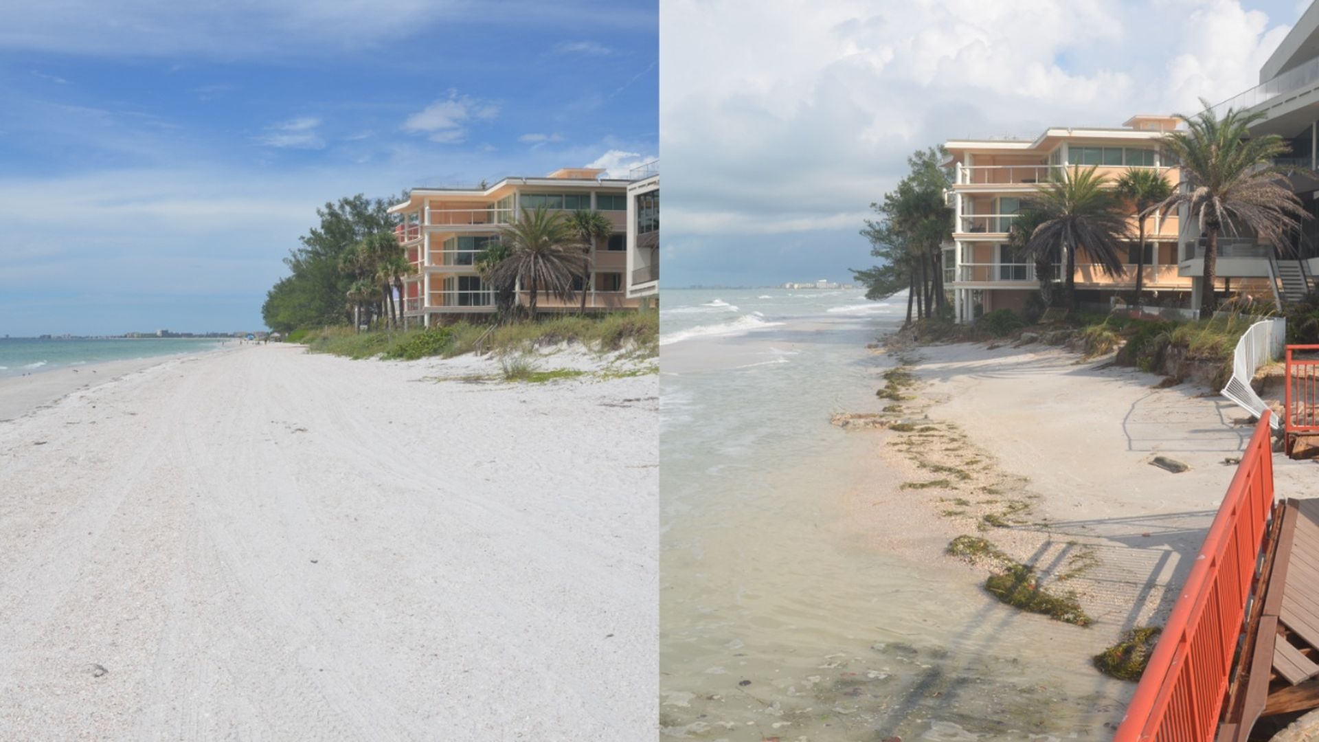 Two images side-by-side, showing a sandy, wide shoreline on the left and a narrow, eroded shoreline on the right.