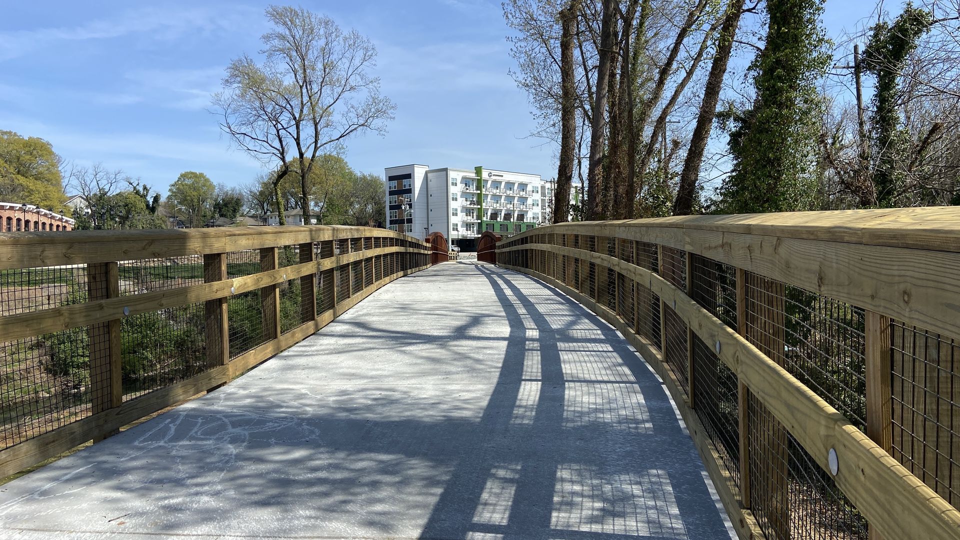 The boardwalk leading to the 181-foot bridge over Stewart Creek Greenway. 