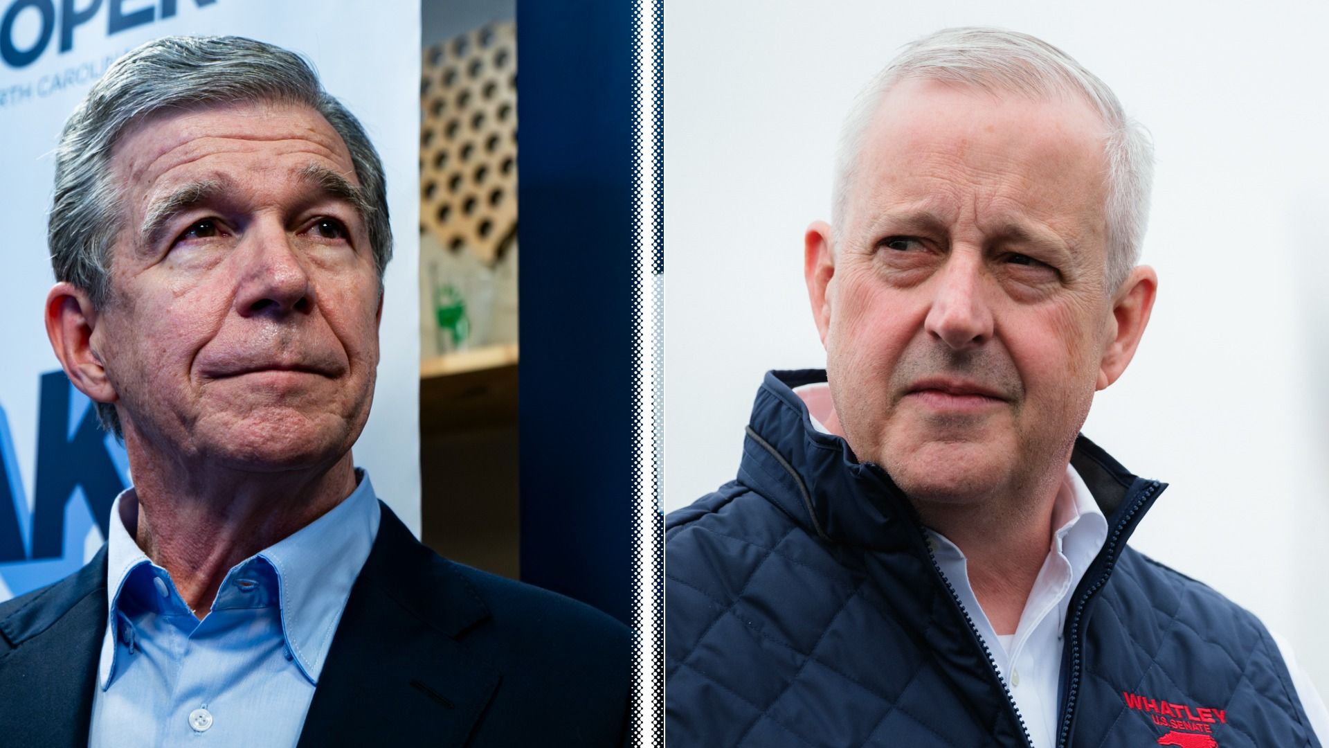 Split image of two men: left, gray-haired man in a blue shirt and blazer; right, silver-haired man in a white shirt and quilted vest, both looking off-camera against light backgrounds.