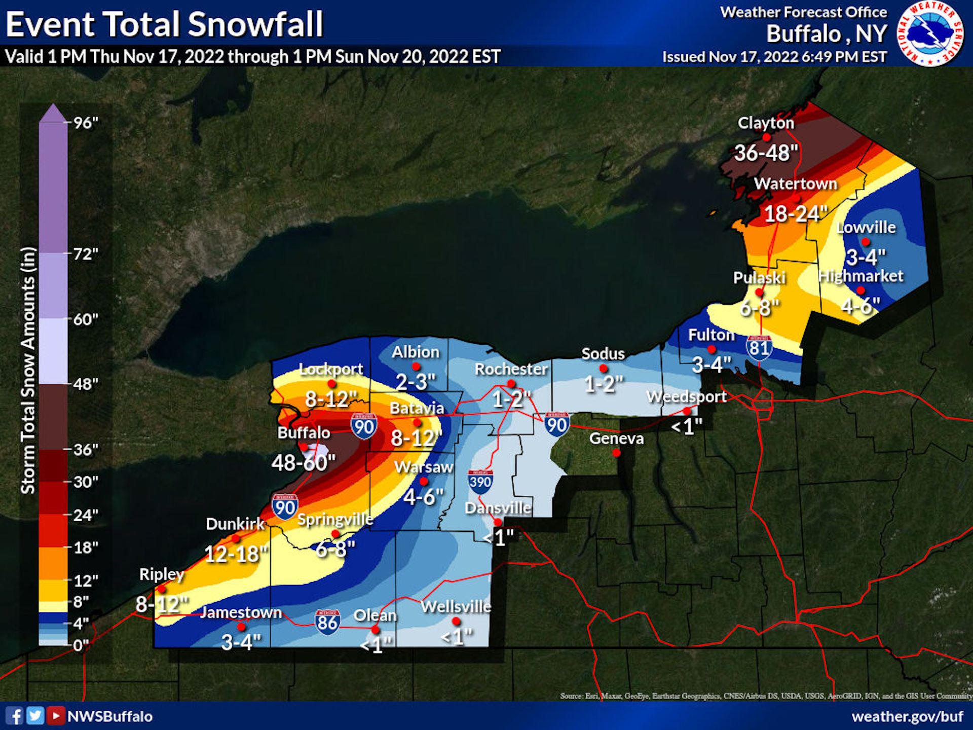 Total snowfall forecast to fall in Buffalo, NY through Sunday.