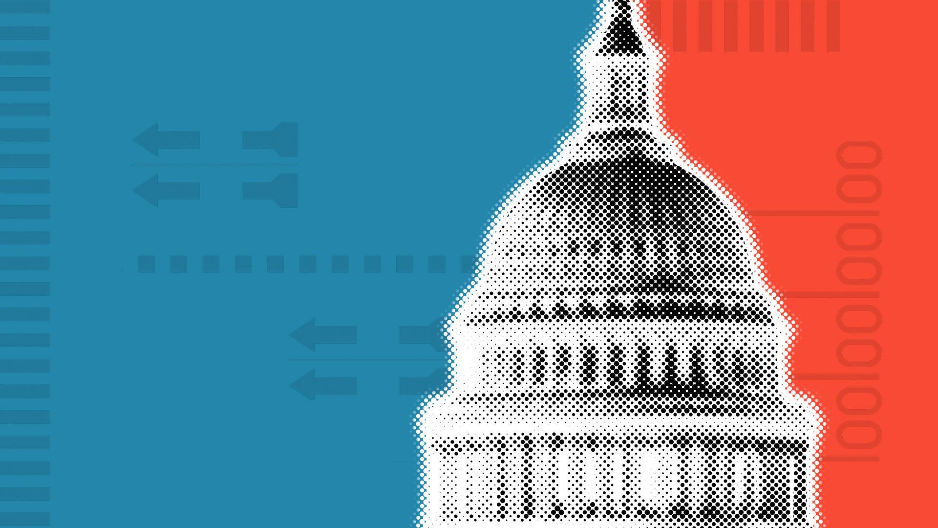 Illustration of the U.S. Capitol over a divided blue and red background with elements of ballots.