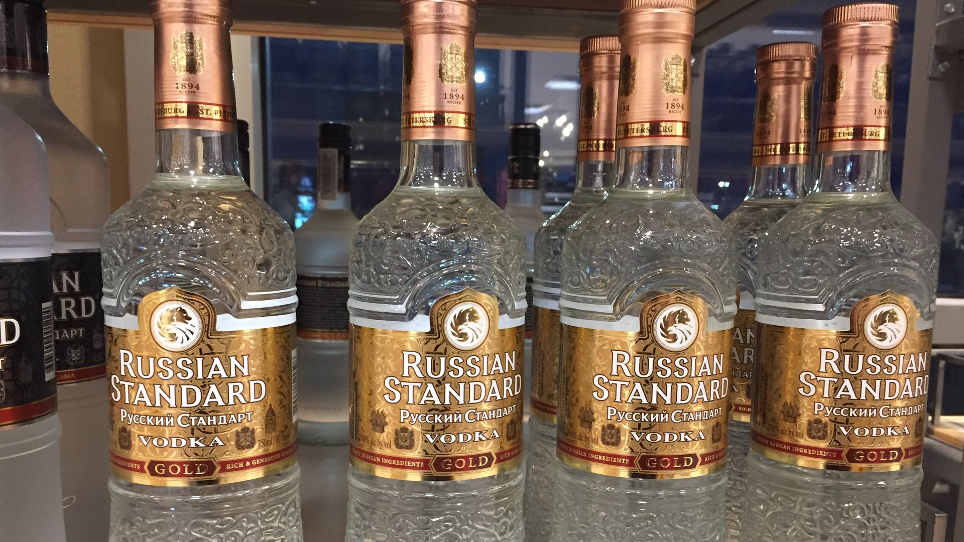 Bottles of Russian Standard Vodka seen on the shelf of a store in Toronto, Ontario, Canada.  
