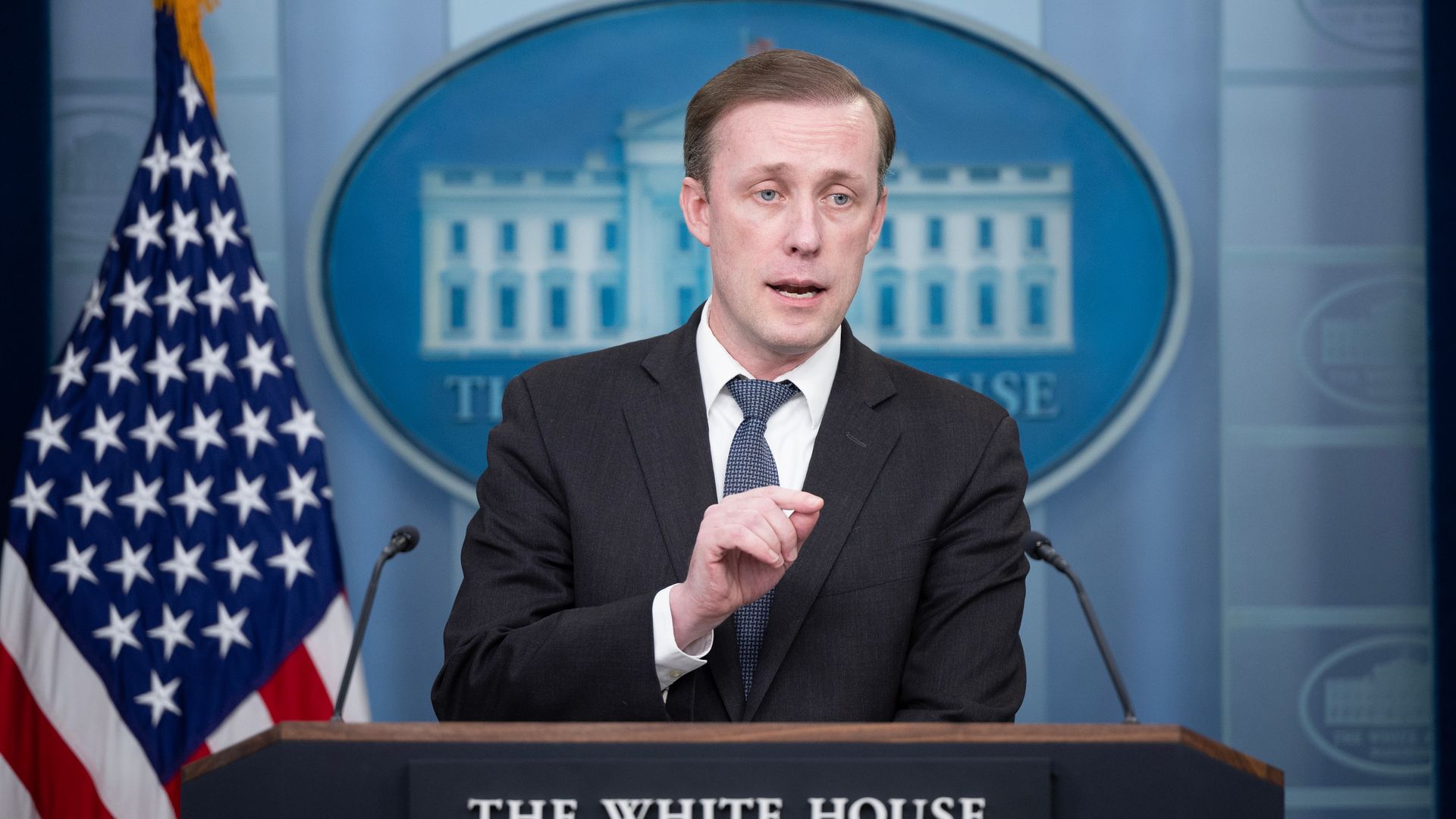 Jake Sullivan, US national security adviser, during a news conference in the James S. Brady Press Briefing Room