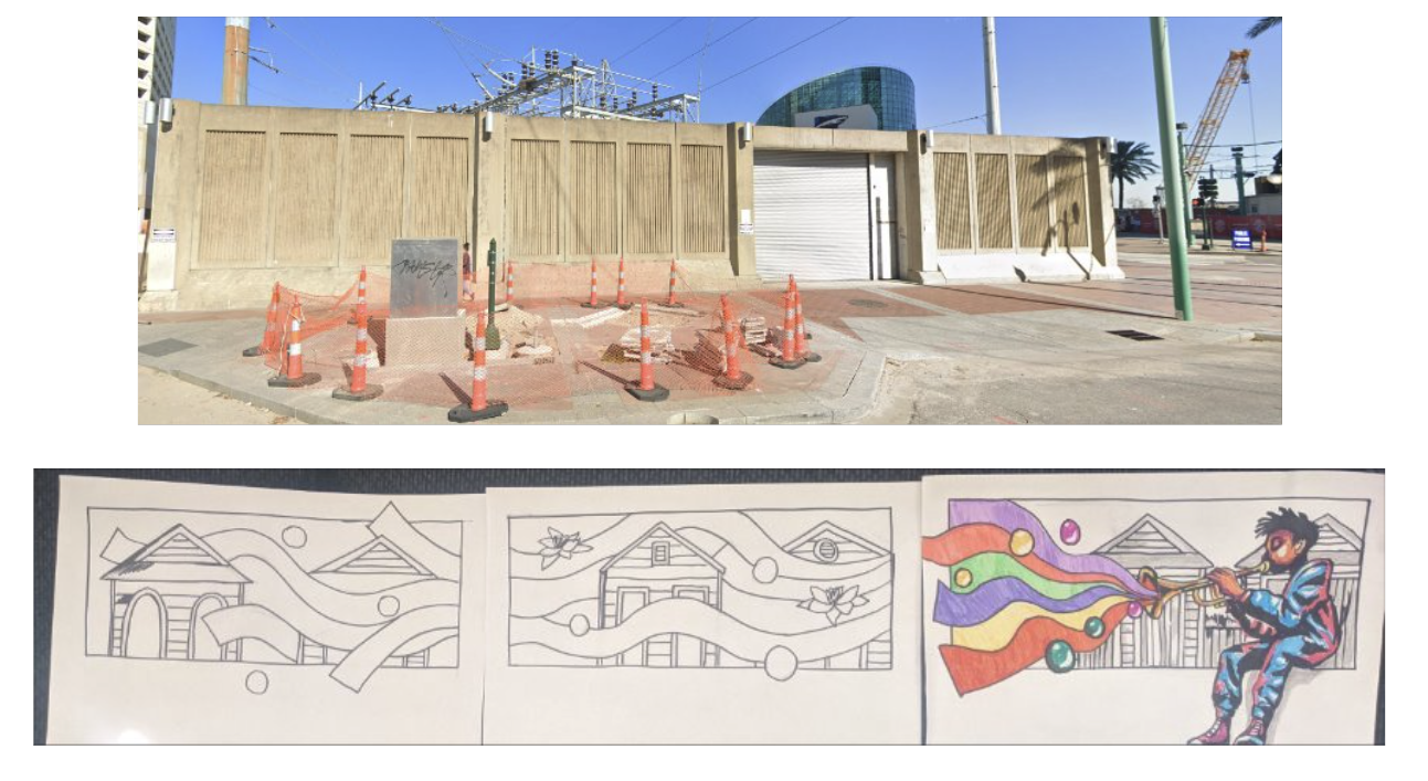 A picture of a blank beige wall with construction cones above an illustration of a mural with a musician and New Orleans houses.