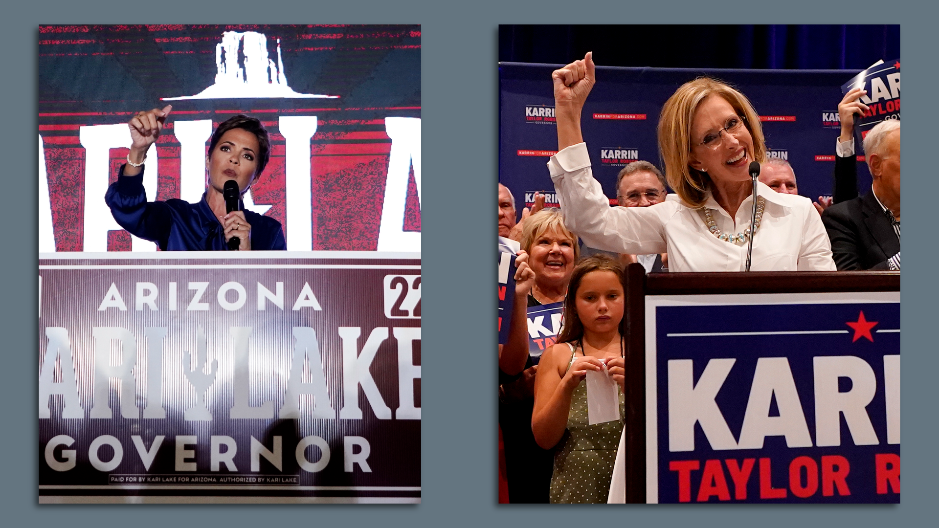 Side-by-side photos of Kari Lake and Karrin Taylor Robson raising their fists in the air