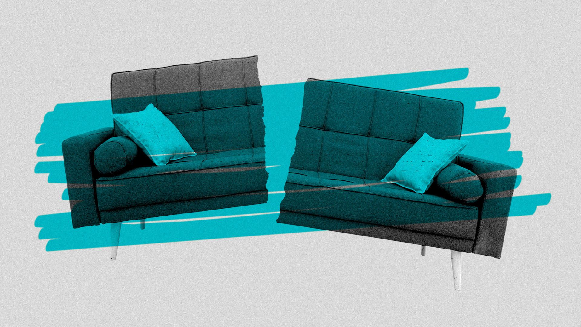 Illustration of torn and split sofa with highlighter texture.