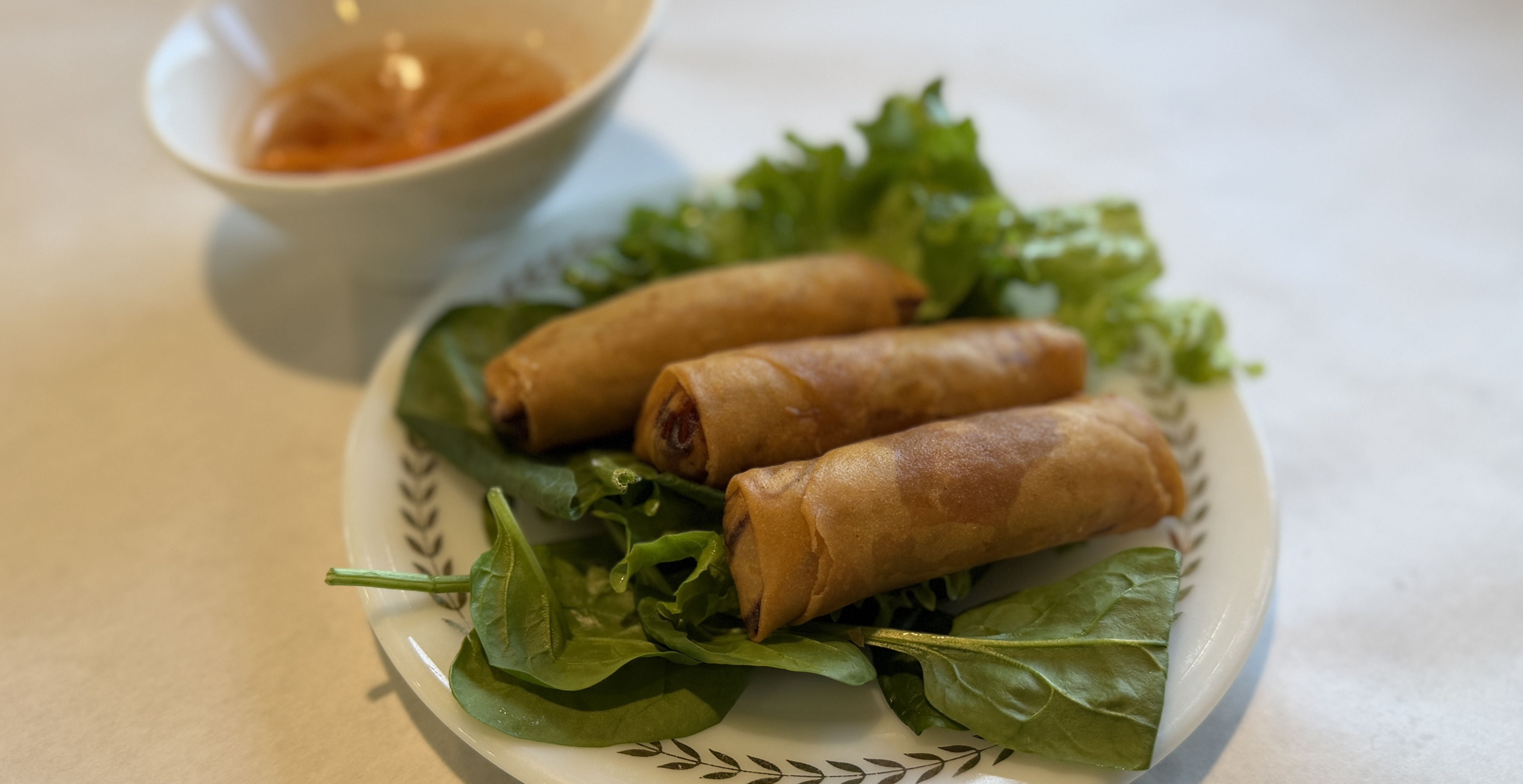 Three golden fried spring rolls on a bed of leafy greens on a white plate, with an orange dipping sauce in a white bowl in the blurred background.