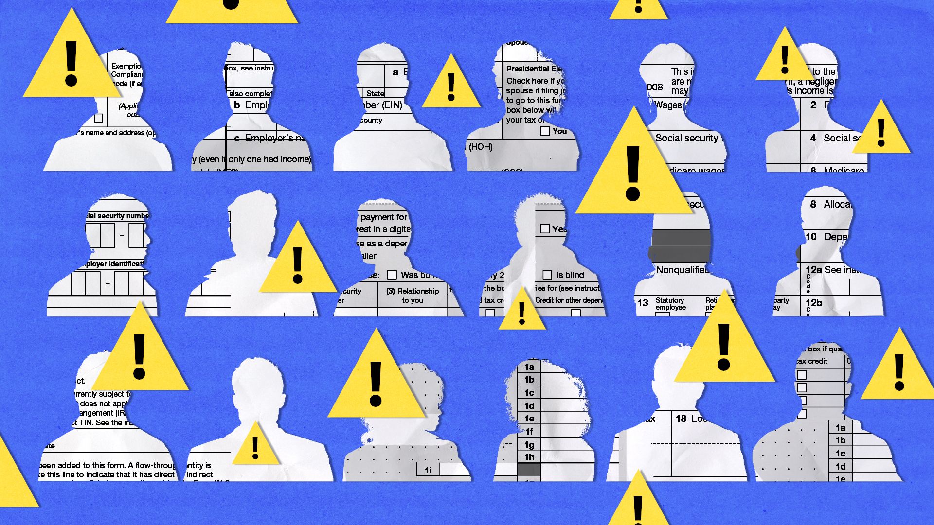 Illustration of silhouettes of anonymous people made of IRS tax forms with warning symbols.