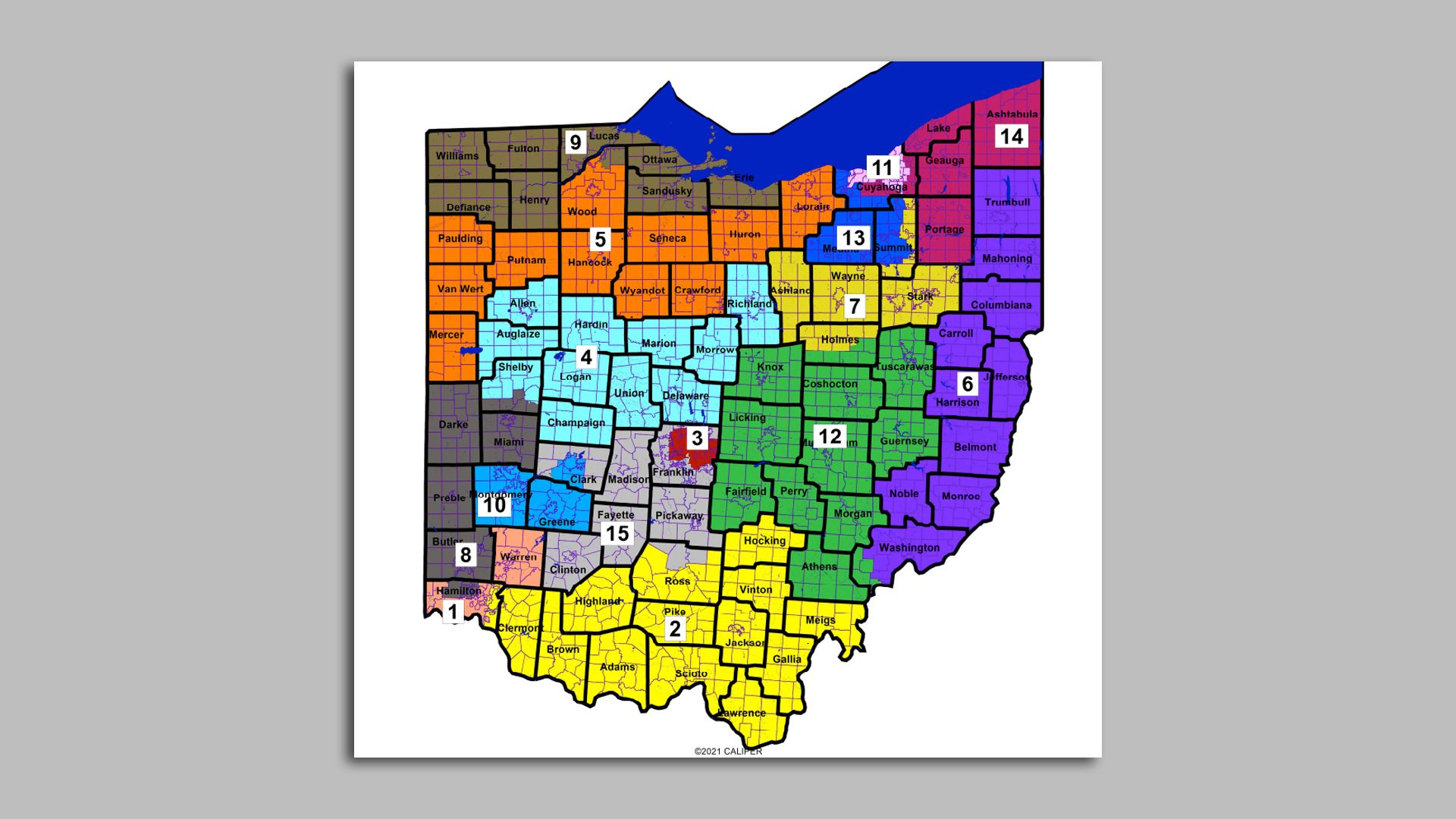 The new Ohio congressional map with 15 separately-shaded districts.