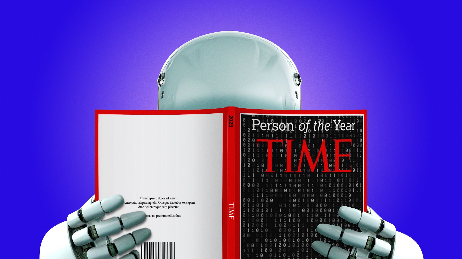 Illustration of a robot holding a Time Person of the Year magazine up to its face.