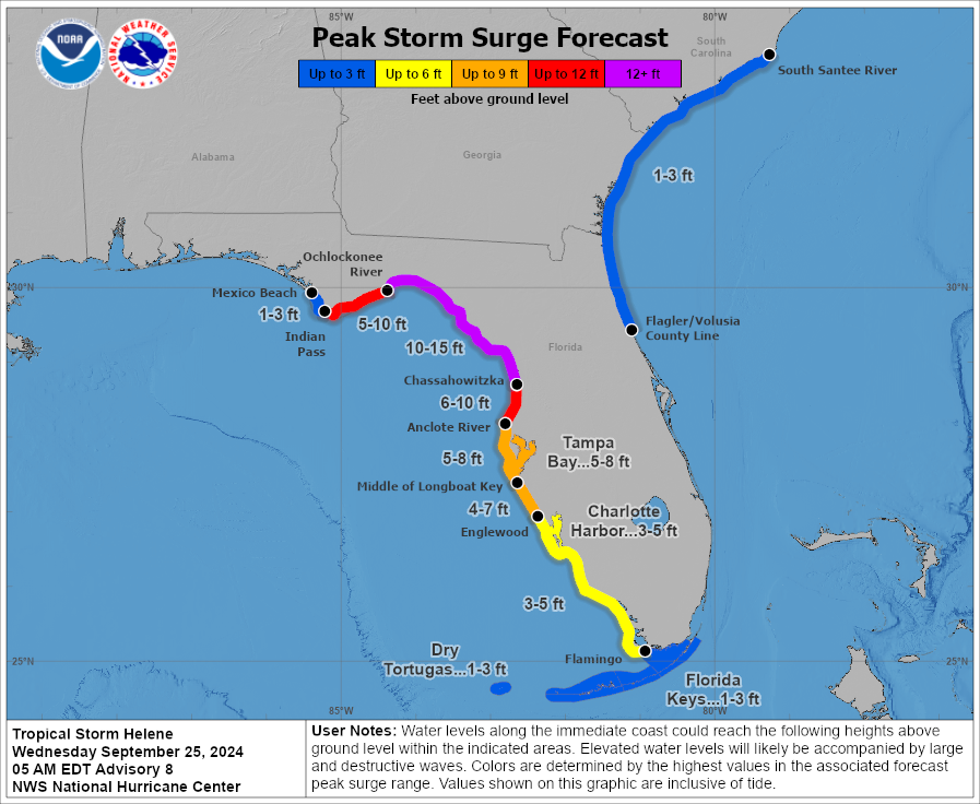 The expected storm surge levels as Helene moves north. Graphic: National Hurricane Center