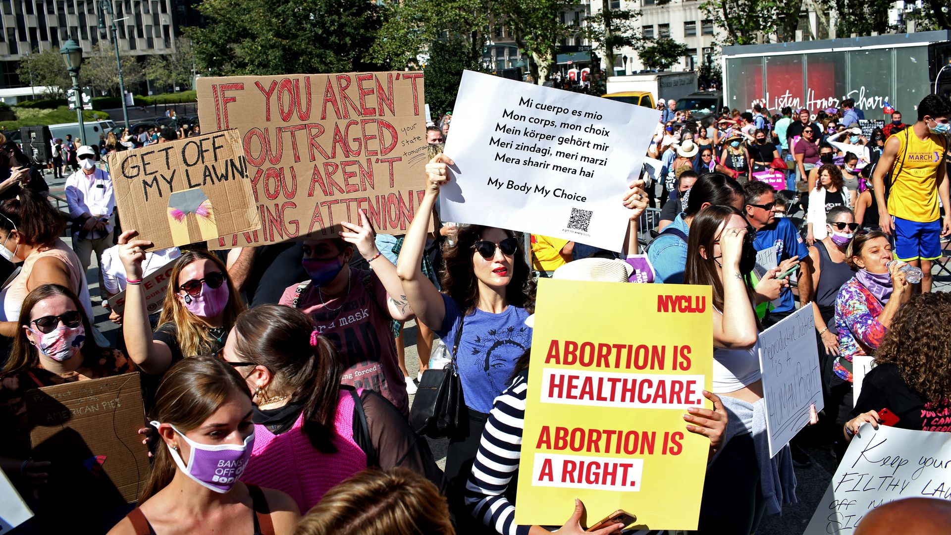People rallying in support of abortion rights in New York City on Oct. 2.