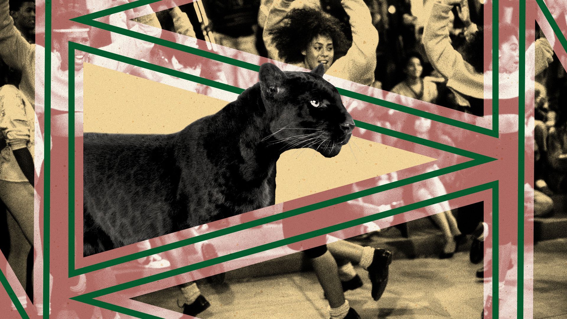 Photo illustration of of geometric shapes containing a black panther and actresses from A Different World.