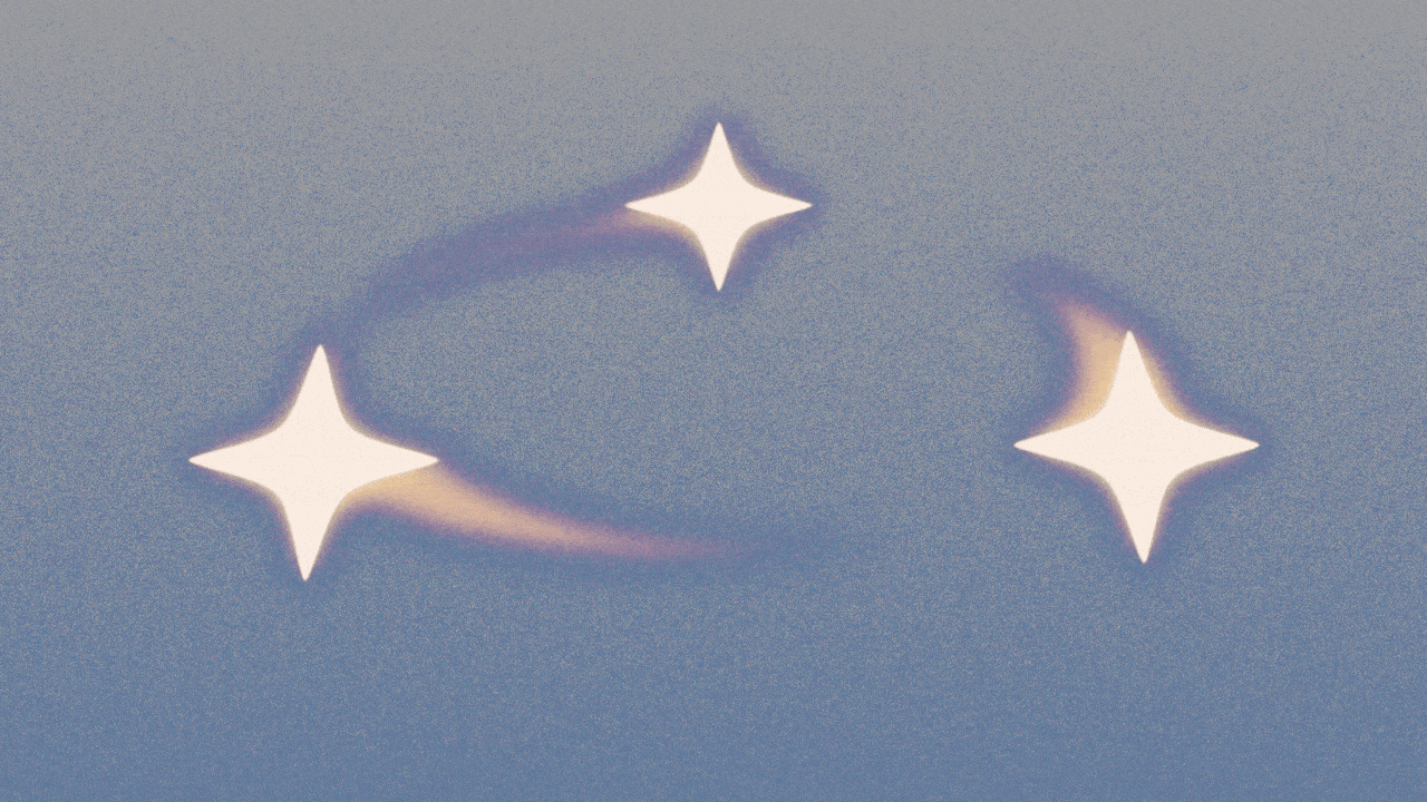 Animated illustration of three sparkles rotating in a circle, and glitching.