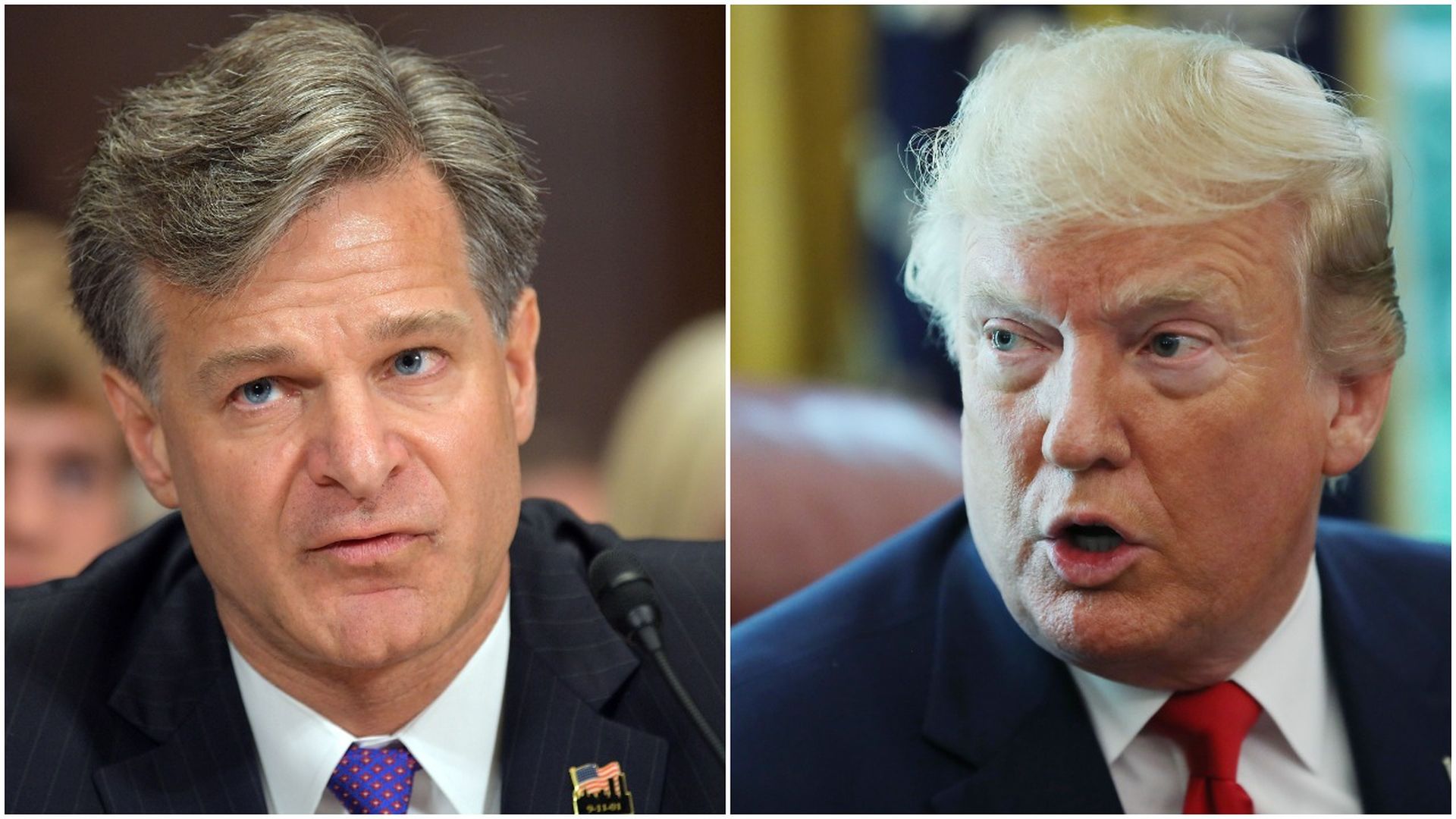This image is a split-screen of Wray and Trump.