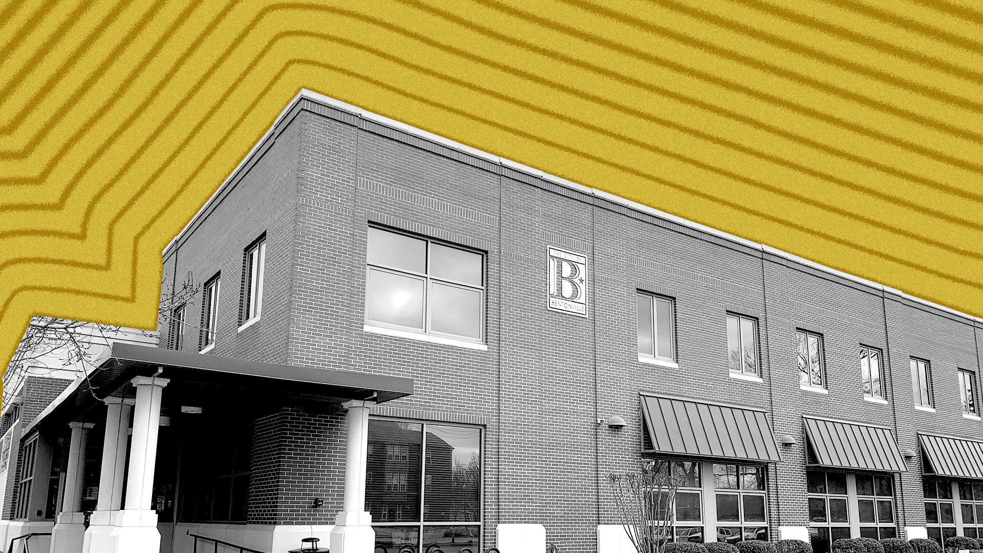 Photo illustration of Bentonville City Hall with lines radiating from it.