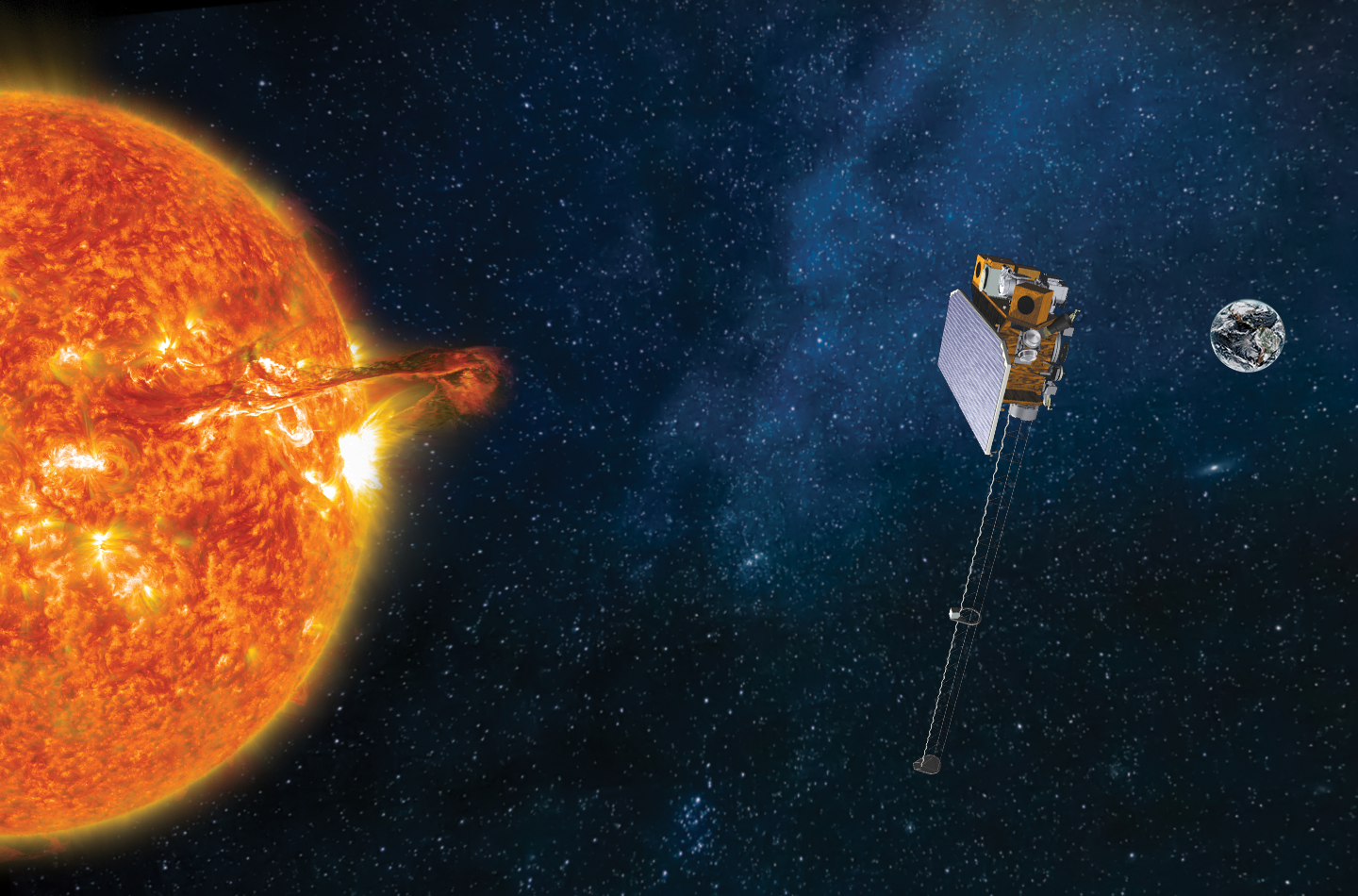 An artist rendering of NOAA's SOLAR-1 satellite (formerly SWFO-L1) in its final position in space orbit next to an image of the sun producing a coronal mass ejection. Earth is seen 1 million miles away in the far distance on the right of the image. (Image credit: NOAA)