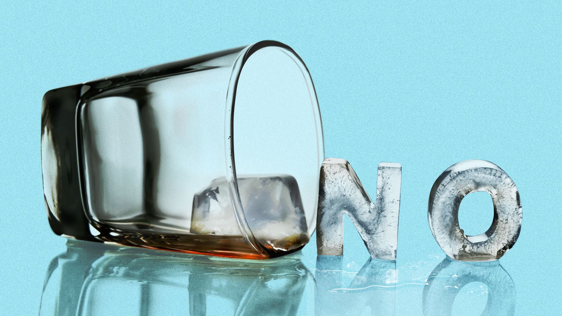 Illustration of a glass tipped over with ice in the shape of "NO" spilling out