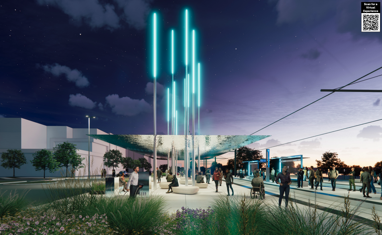 A rendering showing the riverfront KC Streetcar stop with glowing vertical blue lights above a reflective canopy, people waiting and walking, greenery, and a partly cloudy twilight sky.